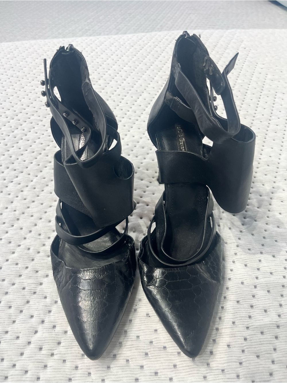 BCBGeneration Black Pointed-Toe Strappy Ankle Heels